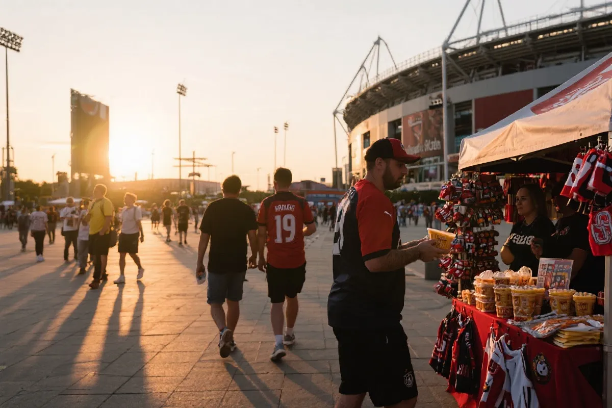 球迷在场馆外的步行区排队购买小吃与纪念品，夕阳光影，旅行纪录片风
